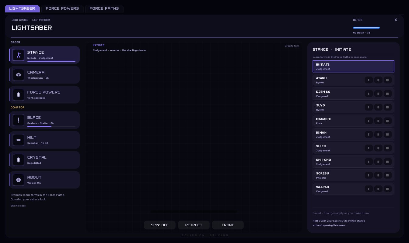 The Eclipsion LSS menu in the Midnight theme: stance list on the right, sections on the left